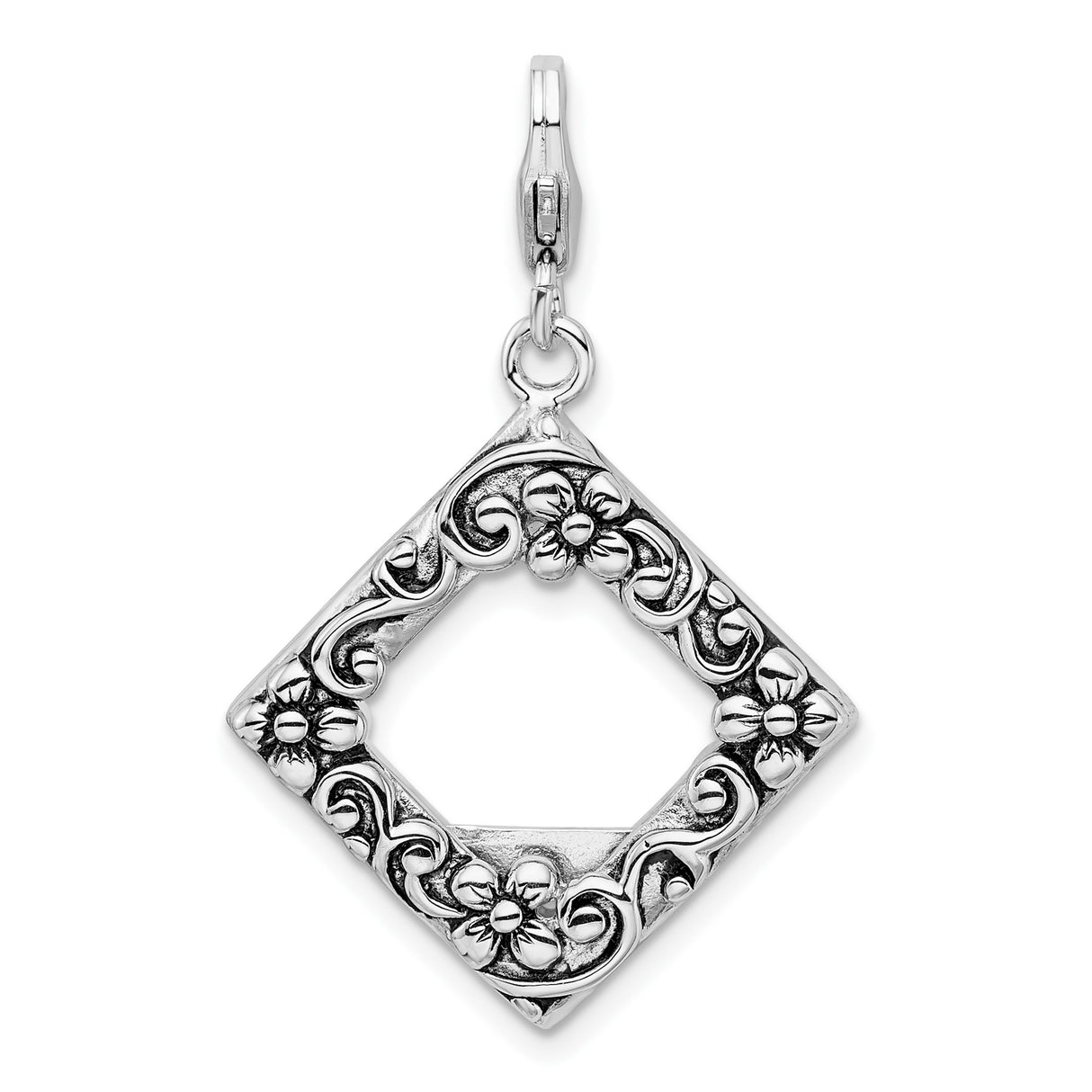 Sterling Silver Floral Pendant with Diamond Frame and Openwork Scroll Design
