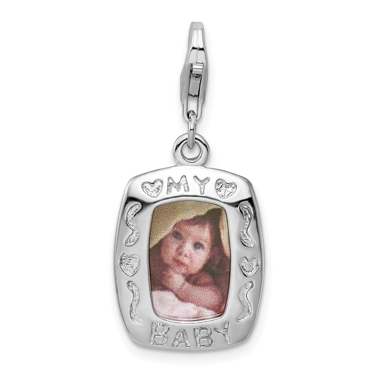 Sterling Silver Baby Photo Pendant with My Baby Engraving, Heart Swirl Design Charm