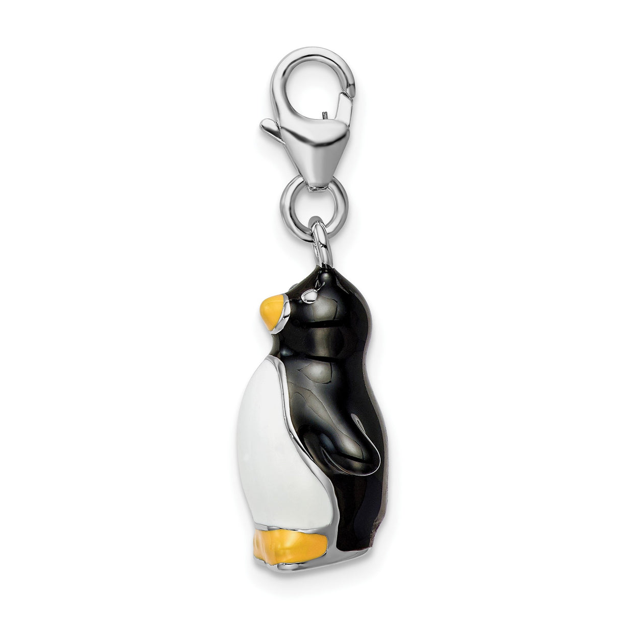 Sterling Silver Penguin Charm Pendant with Black, White, and Yellow Enamel Accents, 3D Animal Design