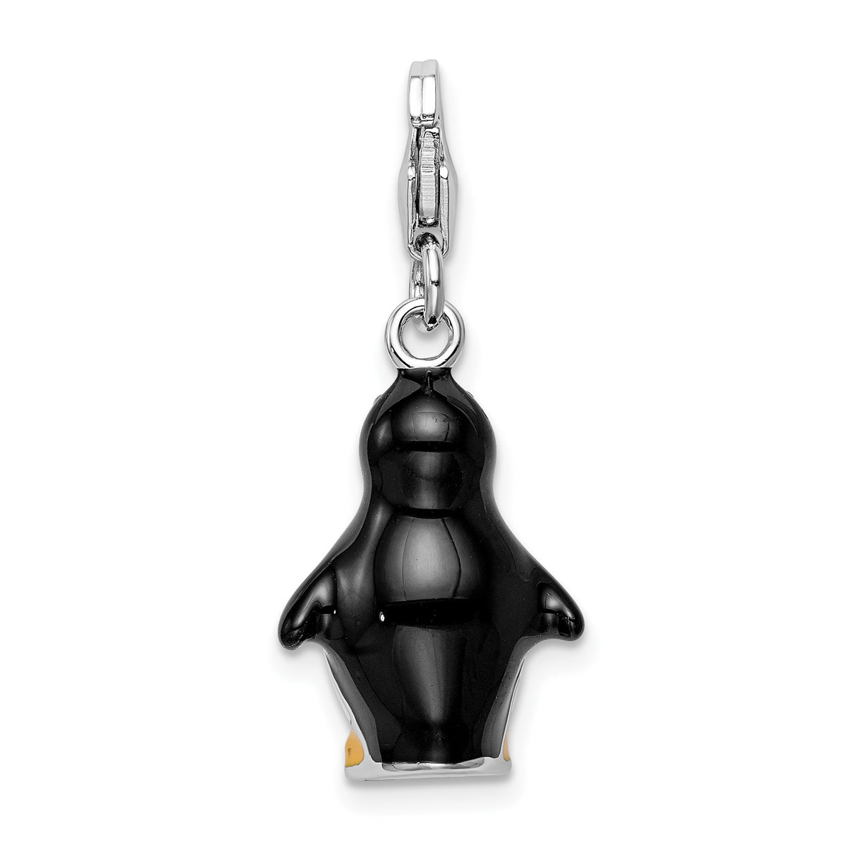 Sterling Silver Penguin Charm Pendant with Black, White, and Yellow Enamel Accents, 3D Animal Design