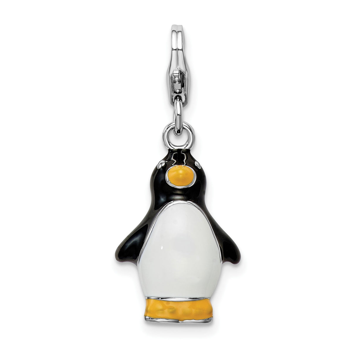 Sterling Silver Penguin Charm Pendant with Black, White, and Yellow Enamel Accents, 3D Animal Design