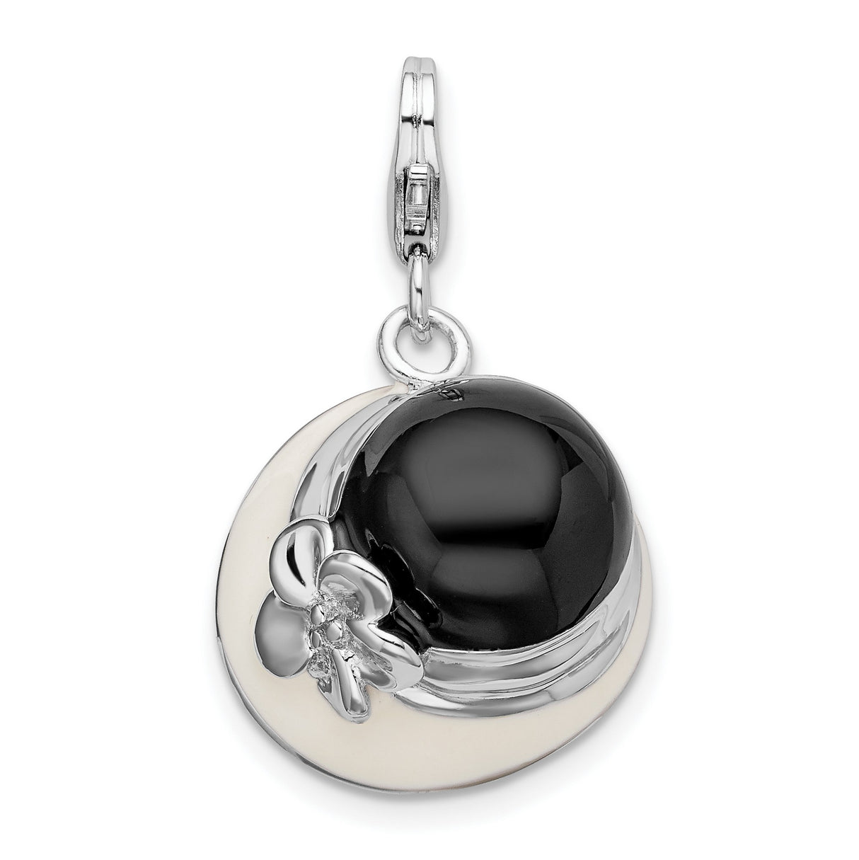 Sterling Silver Flower Pendant with Polished Black Onyx, Floral Minimalist Design for Women