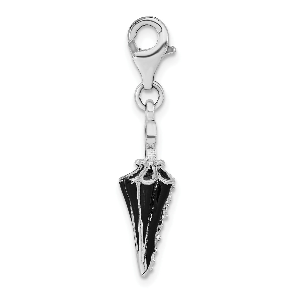 Sterling Silver Umbrella Charm Pendant with Cubic Zirconia and Black Enamel, Clip-On Design