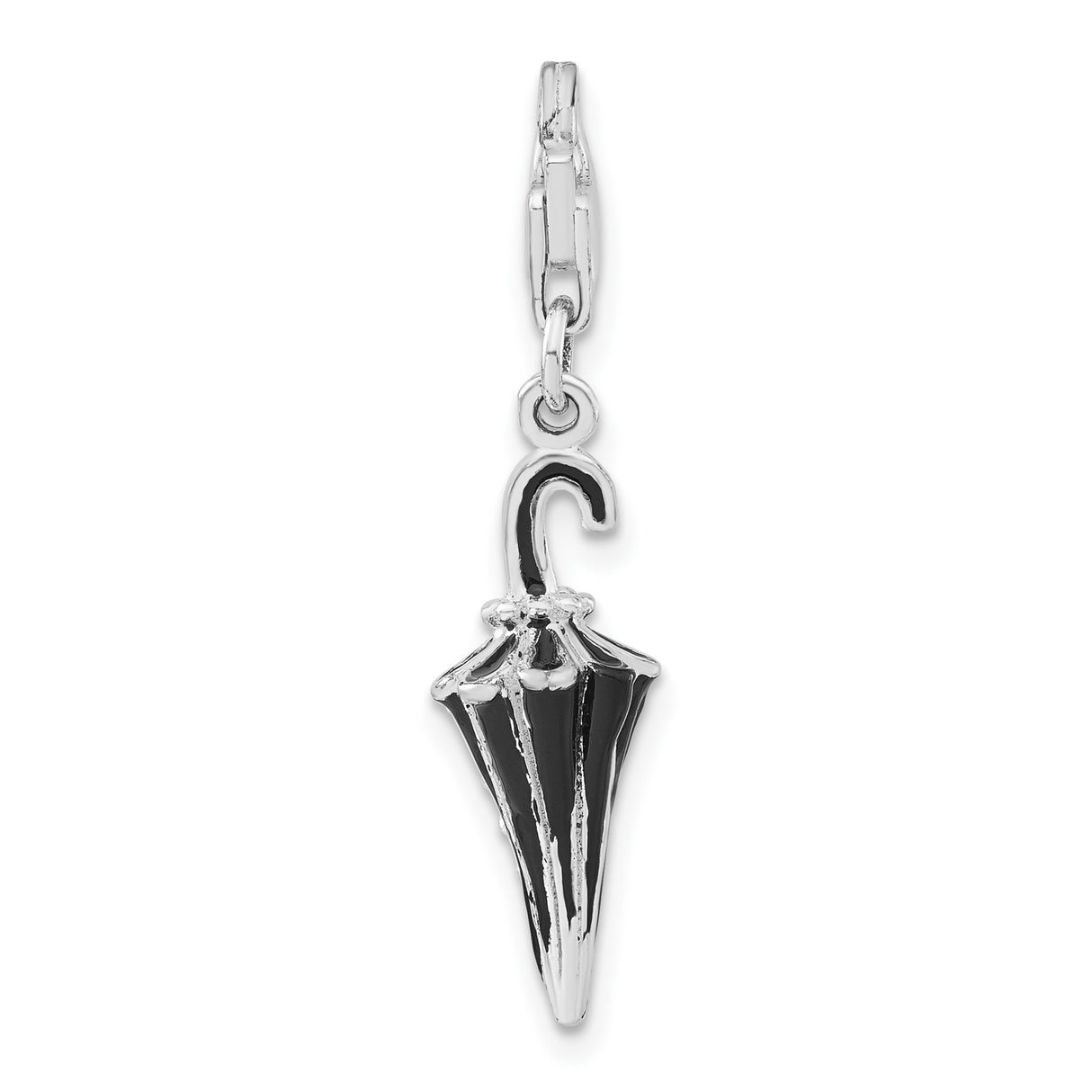 Sterling Silver Umbrella Charm Pendant with Cubic Zirconia and Black Enamel, Clip-On Design