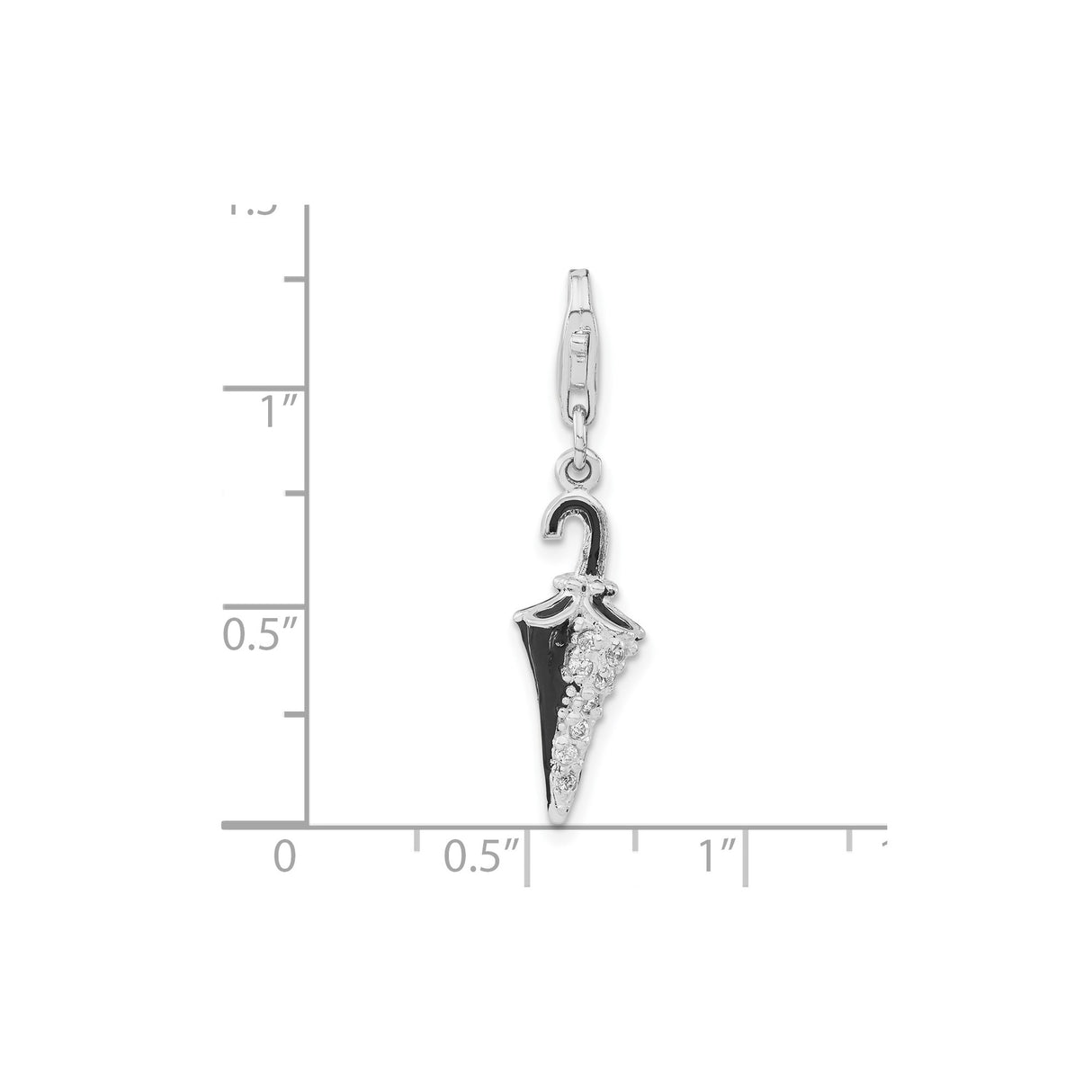 Sterling Silver Umbrella Charm Pendant with Cubic Zirconia and Black Enamel, Clip-On Design