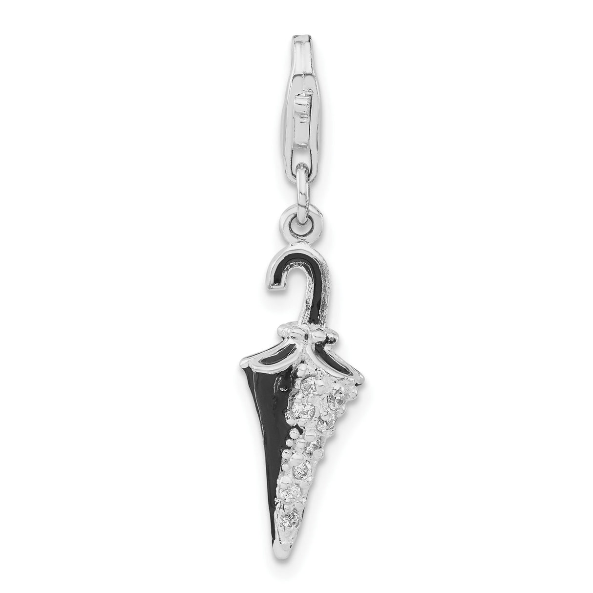 Sterling Silver Umbrella Charm Pendant with Cubic Zirconia and Black Enamel, Clip-On Design