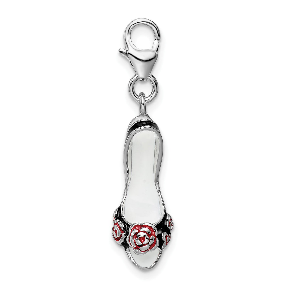 Sterling Silver High Heel Shoe Charm Pendant with Black Enamel and Red Flower Accents