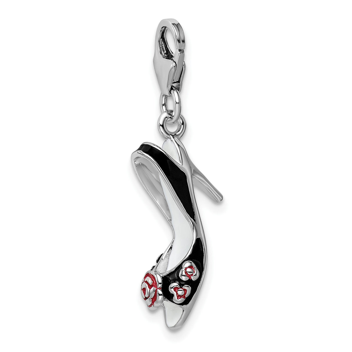 Sterling Silver High Heel Shoe Charm Pendant with Black Enamel and Red Flower Accents