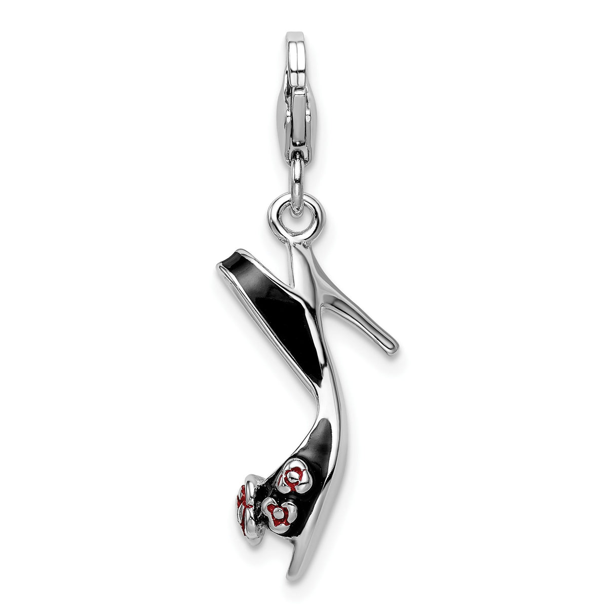 Sterling Silver High Heel Shoe Charm Pendant with Black Enamel and Red Flower Accents