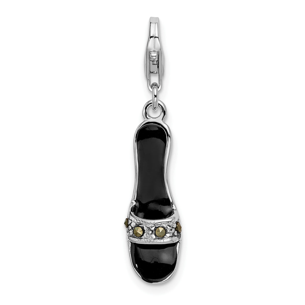 Sterling Silver Sandal Charm Pendant with Marcasite and Black Enamel, Summer Shoe Design for Women