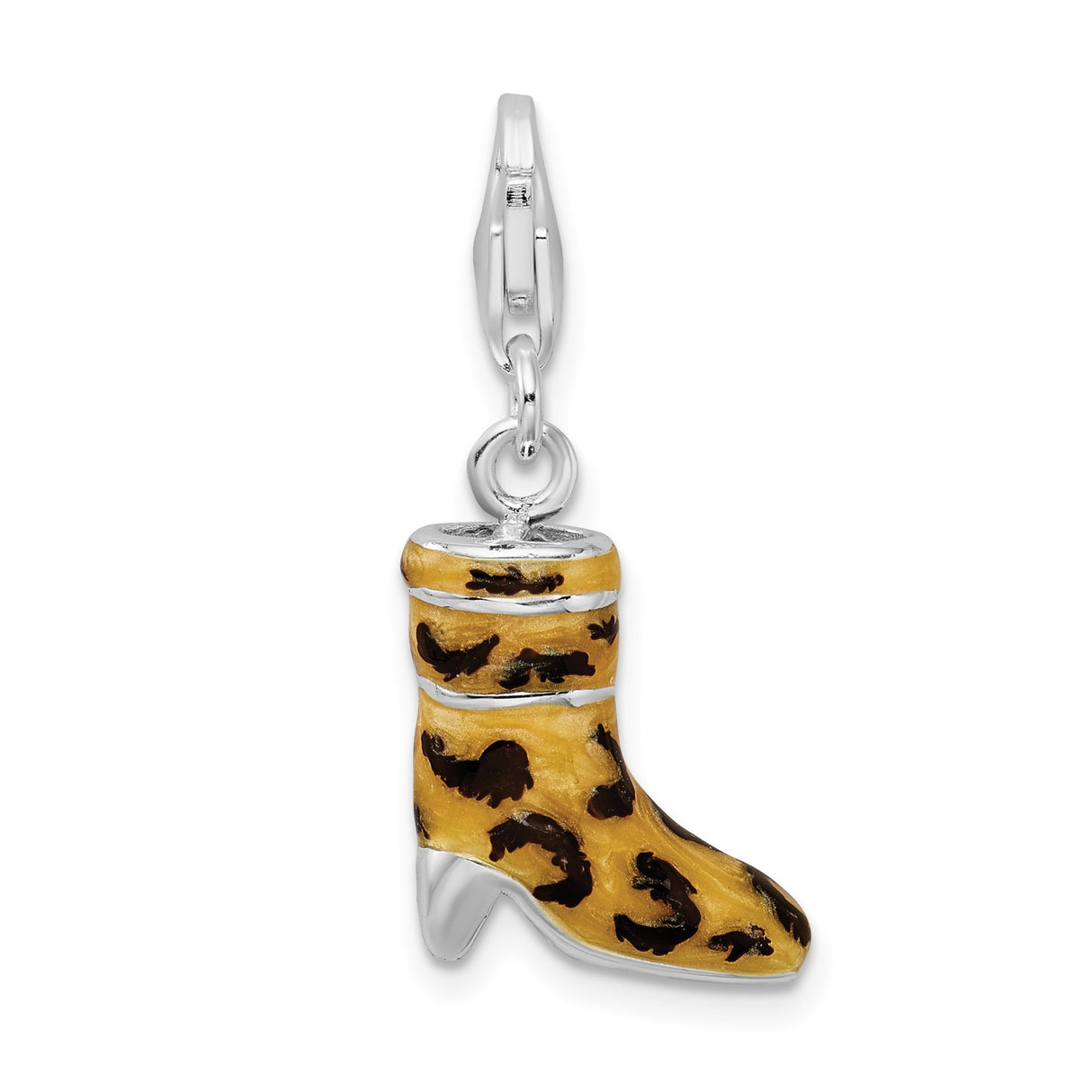 Sterling Silver Cowgirl Boot Charm with Cubic Zirconia and Leopard Enamel, Western Style Jewelry