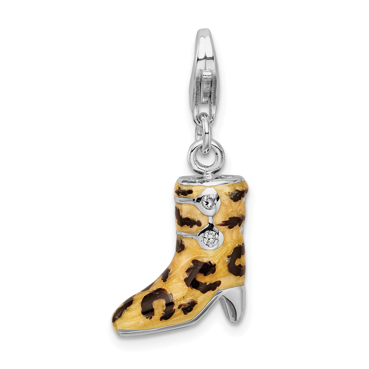 Sterling Silver Cowgirl Boot Charm with Cubic Zirconia and Leopard Enamel, Western Style Jewelry