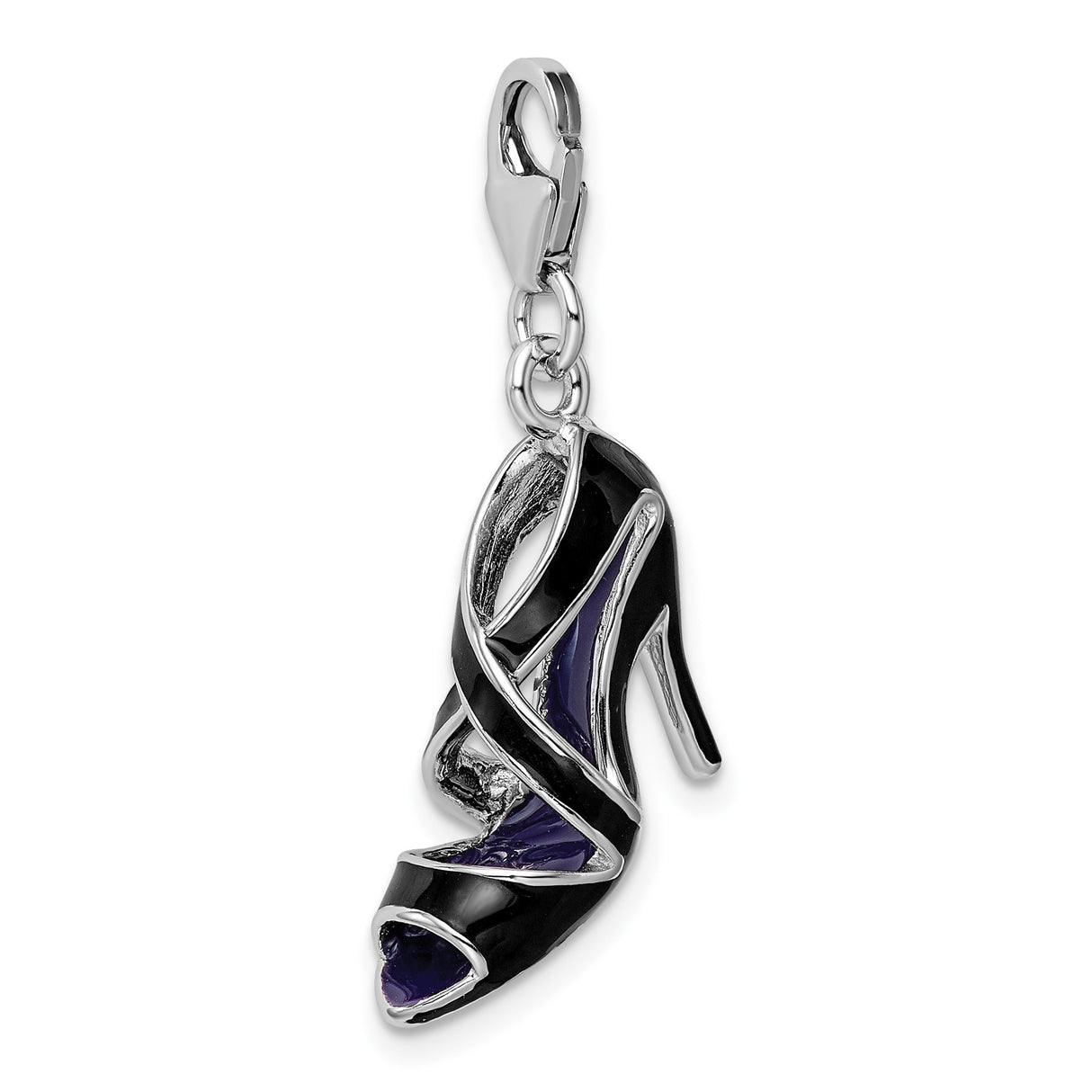 Sterling Silver High Heel Shoe Charm Pendant with Black Enamel and Lobster Clasp