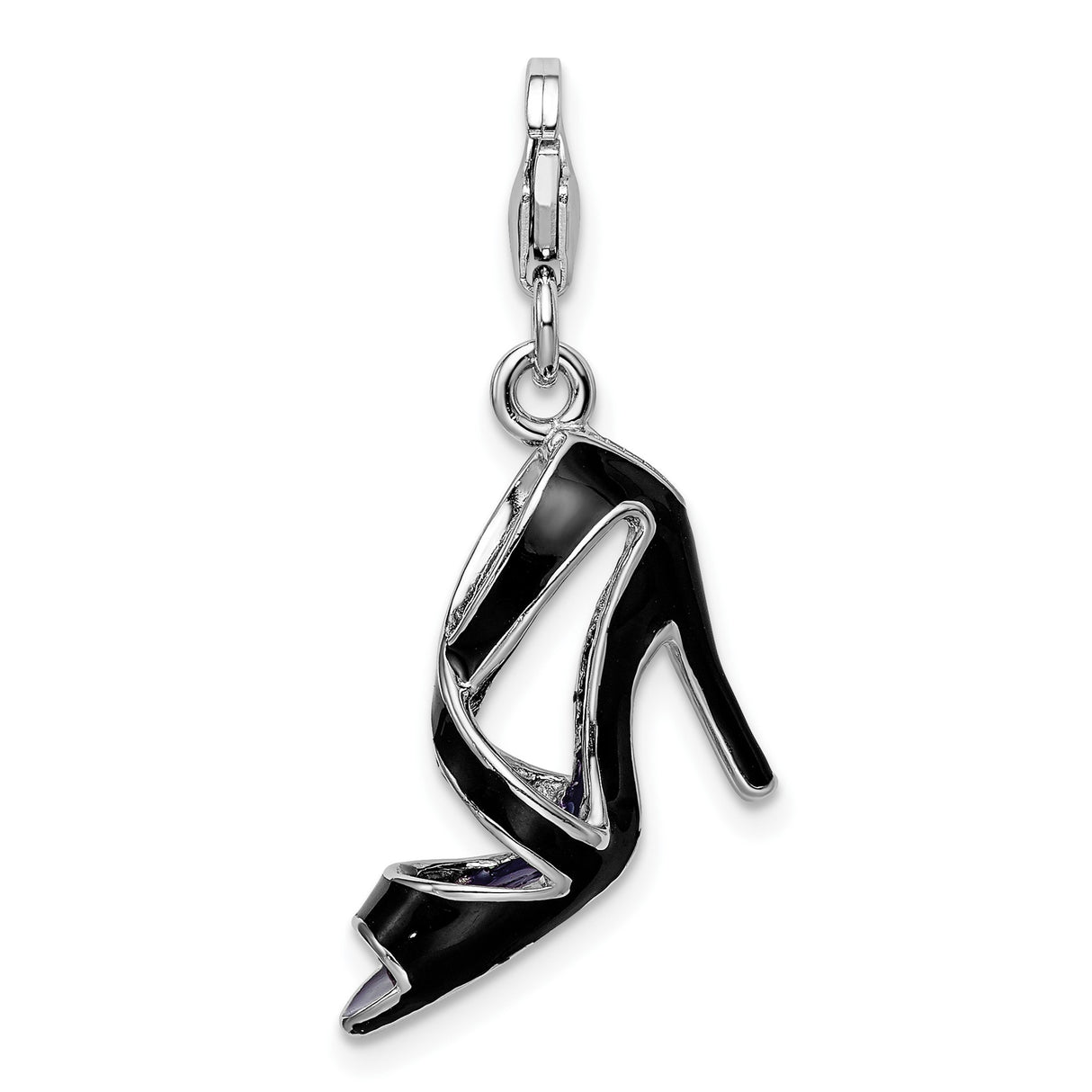Sterling Silver High Heel Shoe Charm Pendant with Black Enamel and Lobster Clasp