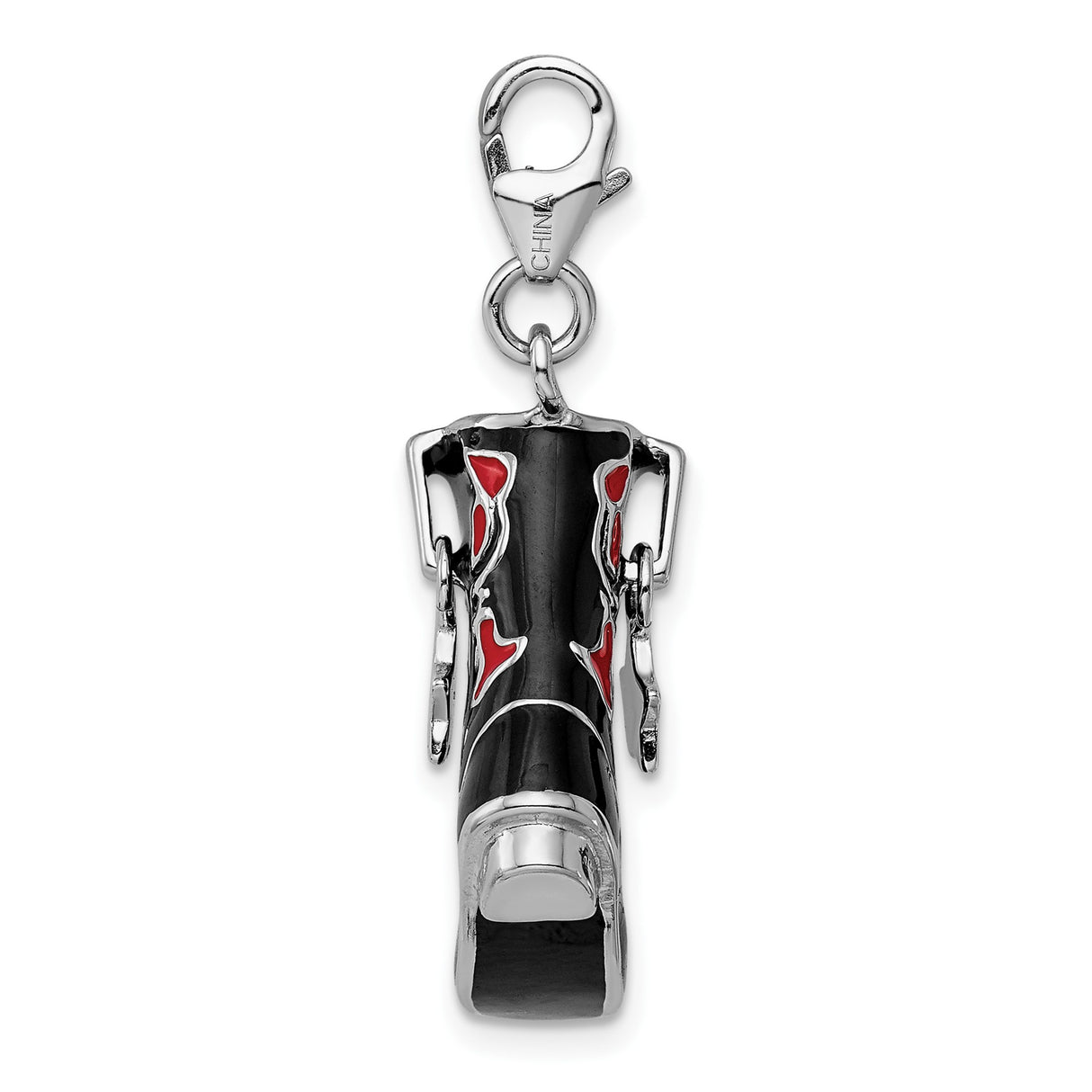 Sterling Silver Cowboy Boot Pendant Charm with Black and Red Enamel and Star Detail