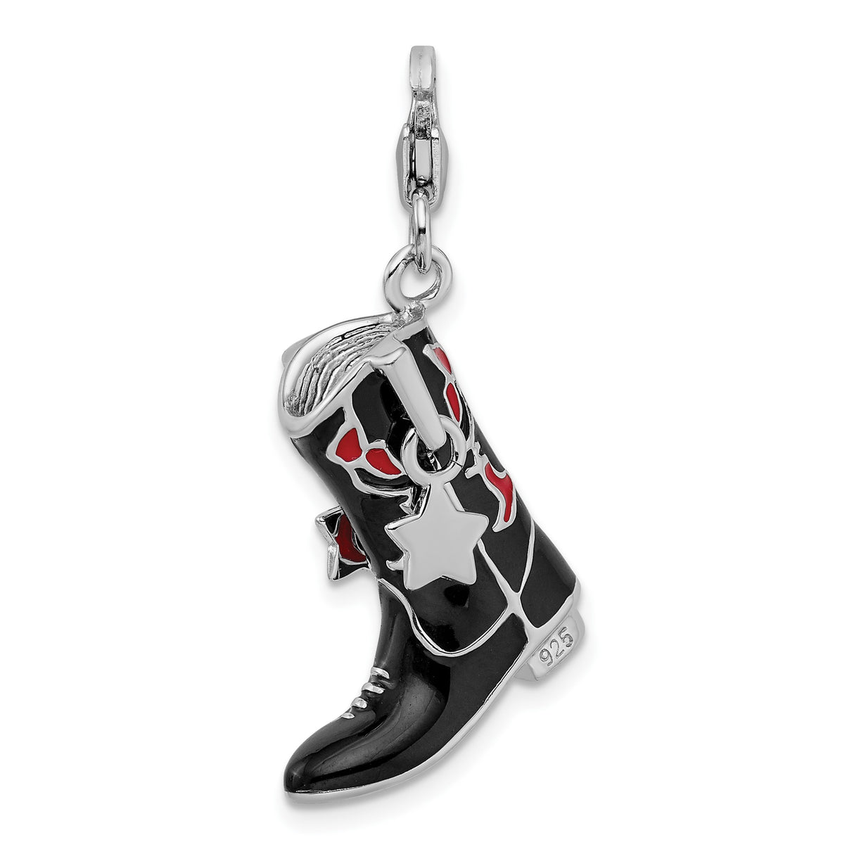 Sterling Silver Cowboy Boot Pendant Charm with Black and Red Enamel and Star Detail