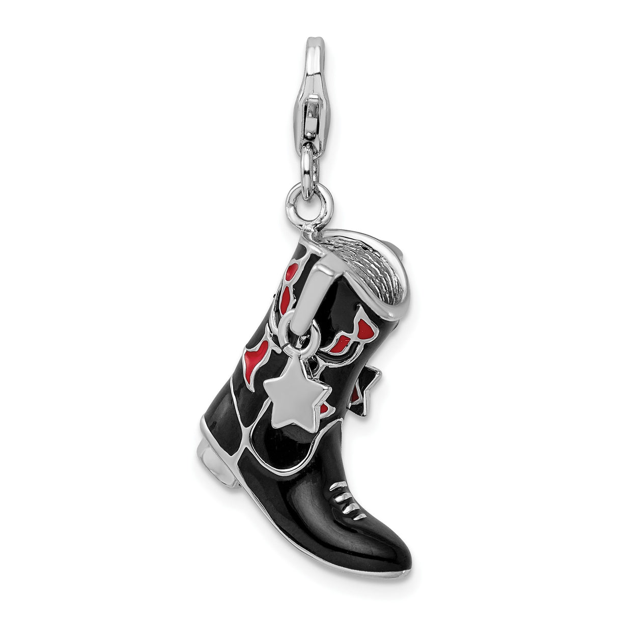 Sterling Silver Cowboy Boot Pendant Charm with Black and Red Enamel and Star Detail