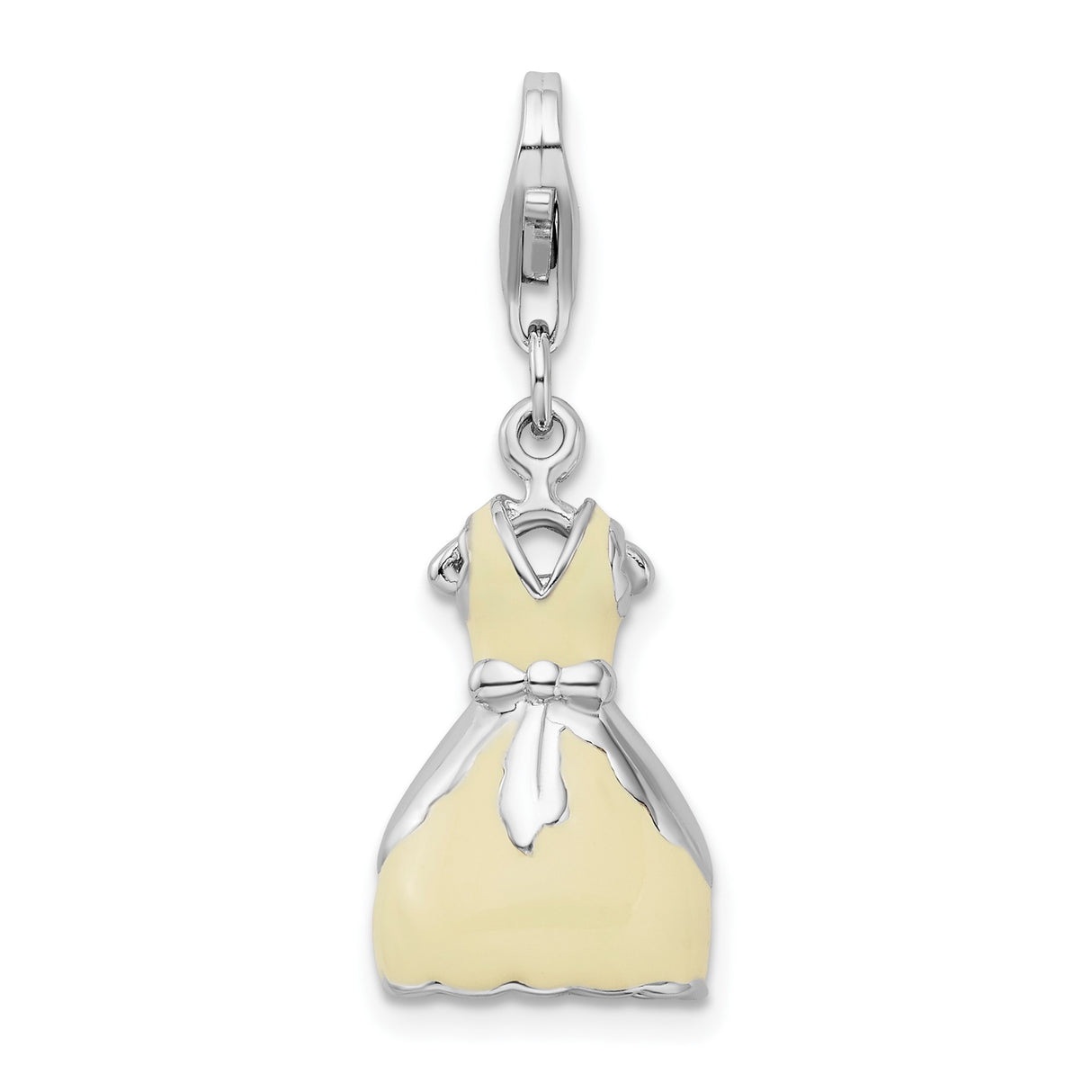 Sterling Silver Dress Charm with Yellow Enamel and Bow Detail, 3D Whimsical Pendant
