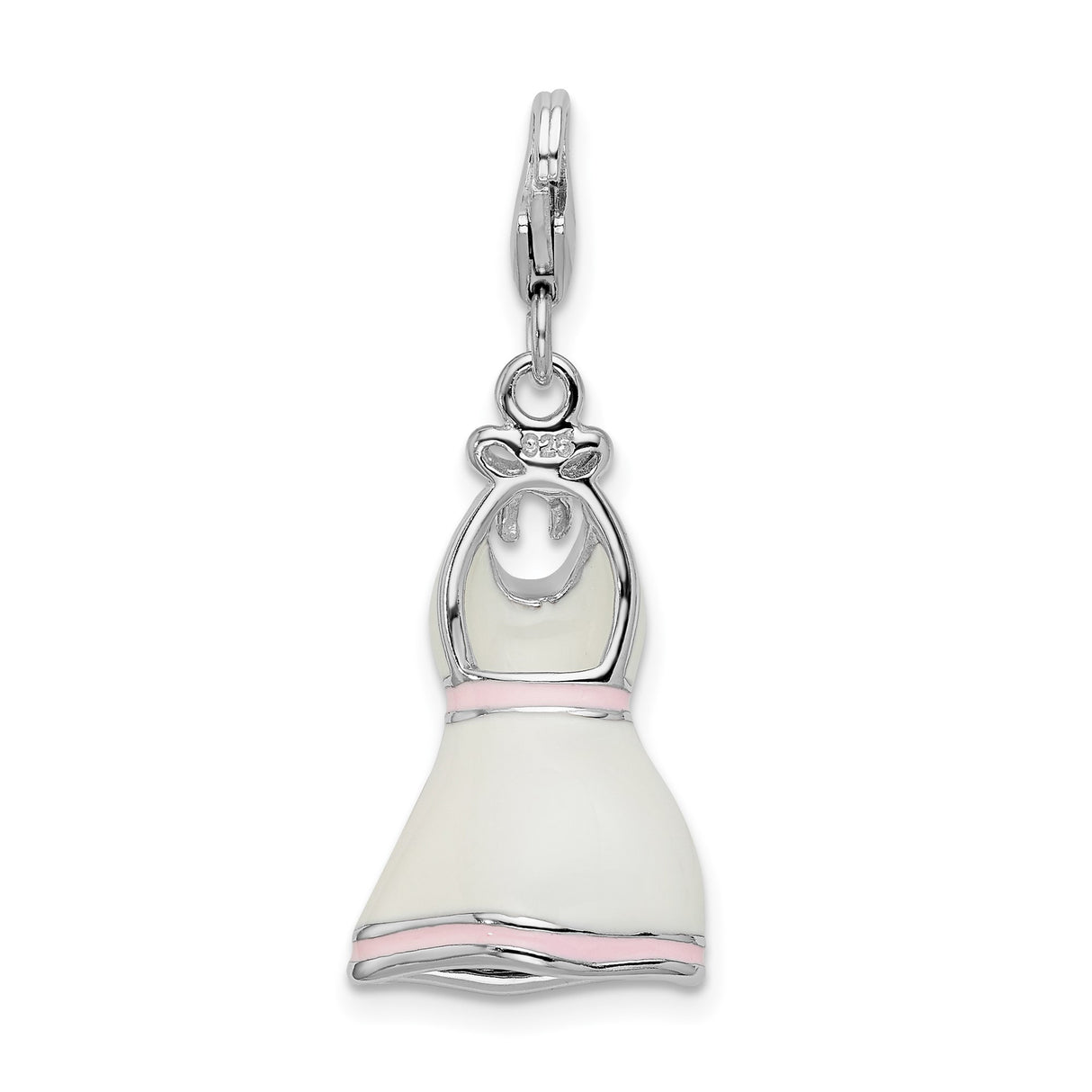 Sterling Silver Dress Charm Pendant with Pink and White Enamel Bow, Lobster Clasp, Feminine Novelty Style