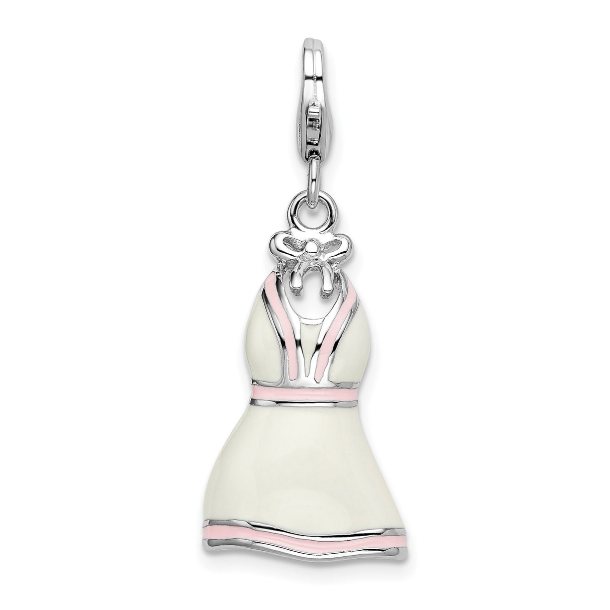Sterling Silver Dress Charm Pendant with Pink and White Enamel Bow, Lobster Clasp, Feminine Novelty Style
