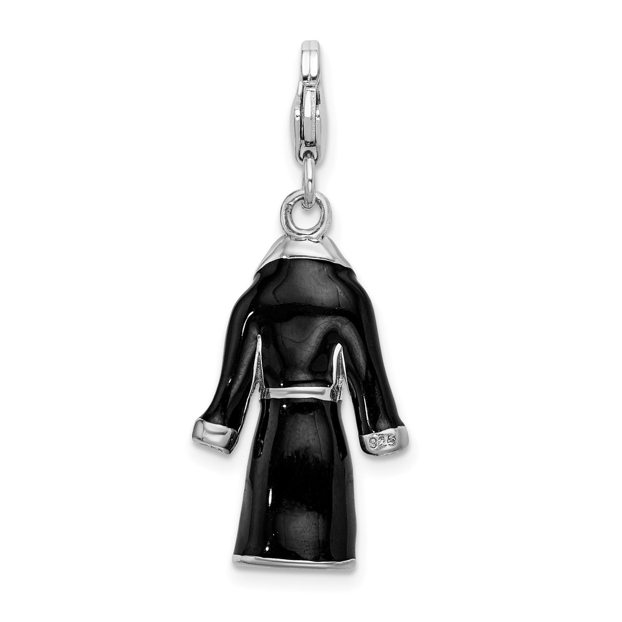 Sterling Silver Robe Shaped Pendant with Black Enamel and 3D Bathrobe Design