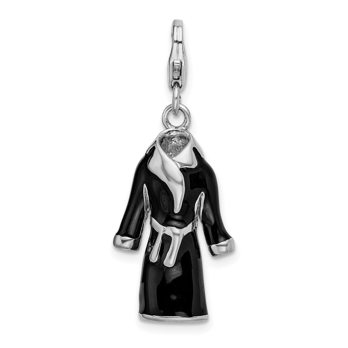 Sterling Silver Robe Shaped Pendant with Black Enamel and 3D Bathrobe Design