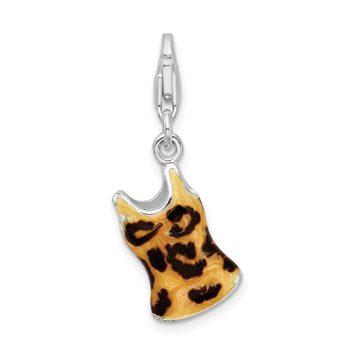 Sterling Silver Dress Charm Pendant with Cubic Zirconia, Leopard Print Enamel, Animal Theme
