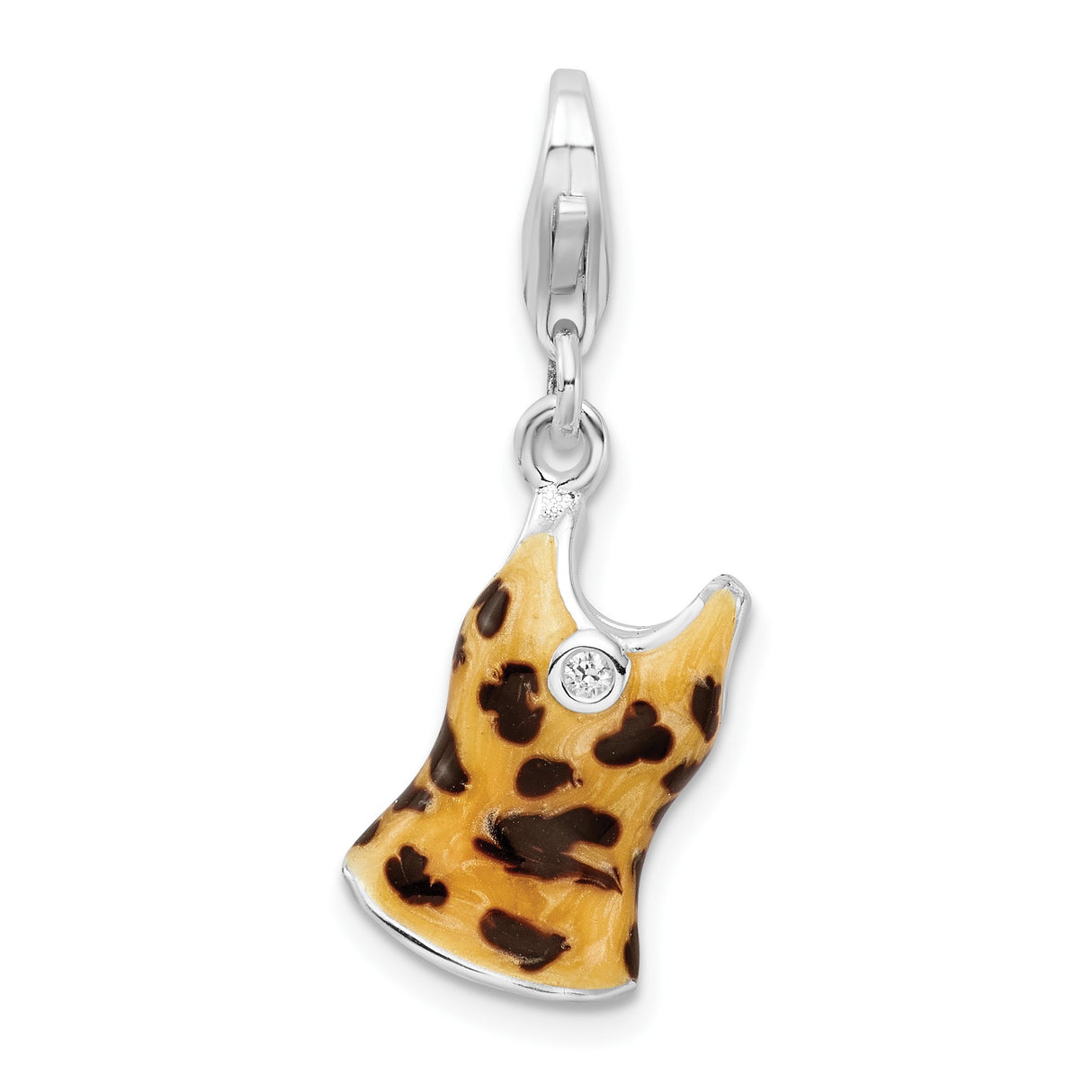 Sterling Silver Dress Charm Pendant with Cubic Zirconia, Leopard Print Enamel, Animal Theme