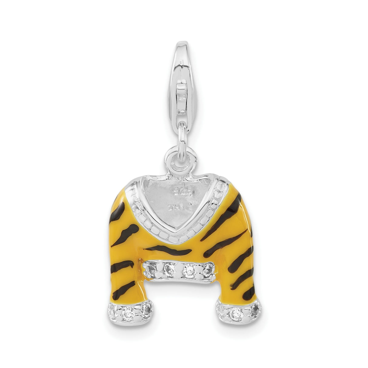 Sterling Silver Jersey Pendant with Cubic Zirconia, Tiger Stripe Black and Yellow Sports Charm