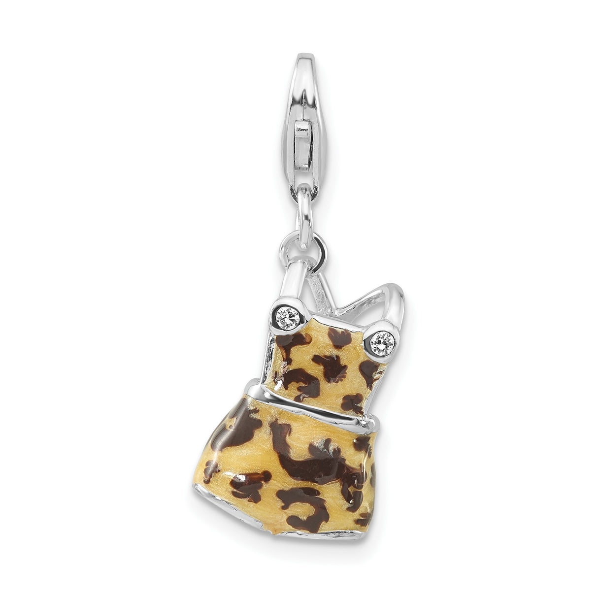 Sterling Silver Dress Charm with Cubic Zirconia, Leopard Print and Enamel Details
