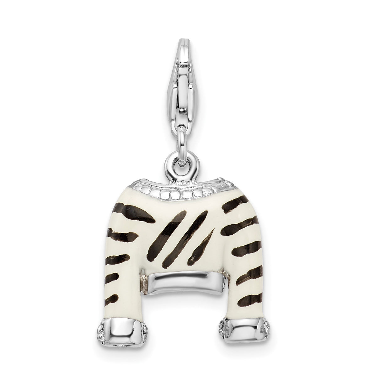 Sterling Silver Sweater Pendant Charm with Cubic Zirconia and Black Enamel Accents