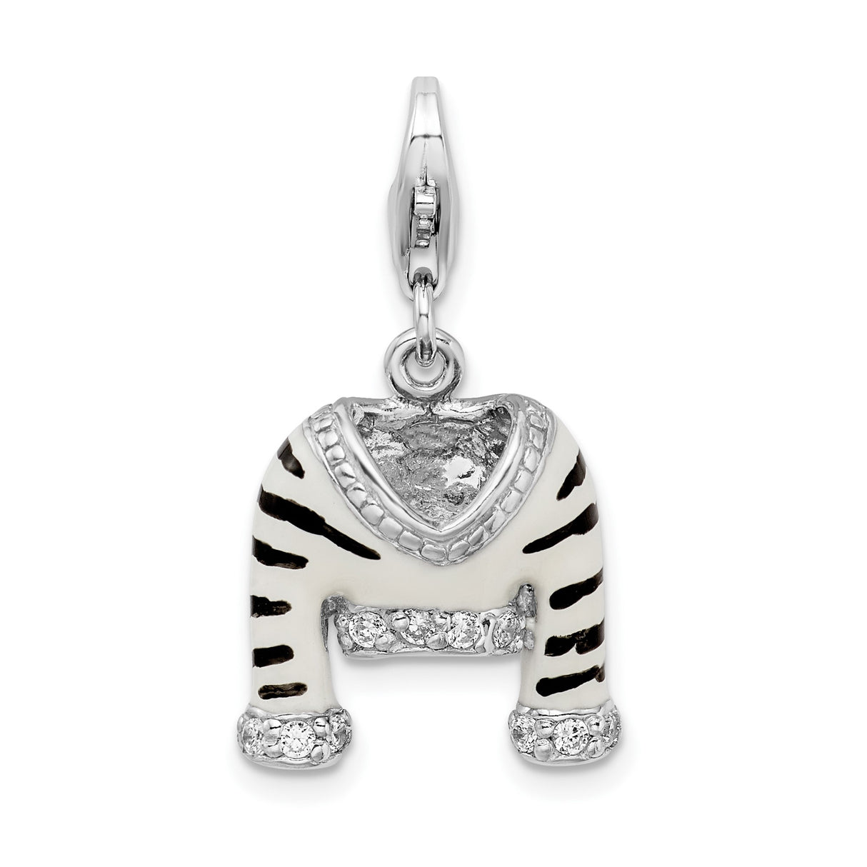 Sterling Silver Sweater Pendant Charm with Cubic Zirconia and Black Enamel Accents