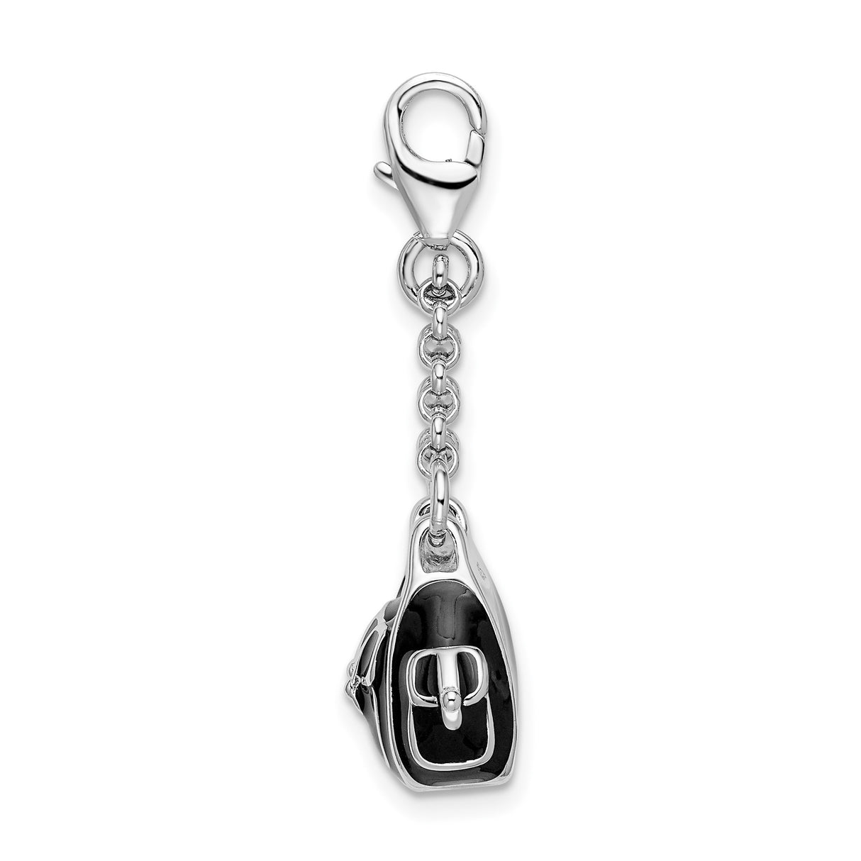 Sterling Silver Purse Charm Pendant with Black Enamel and Buckle Accents