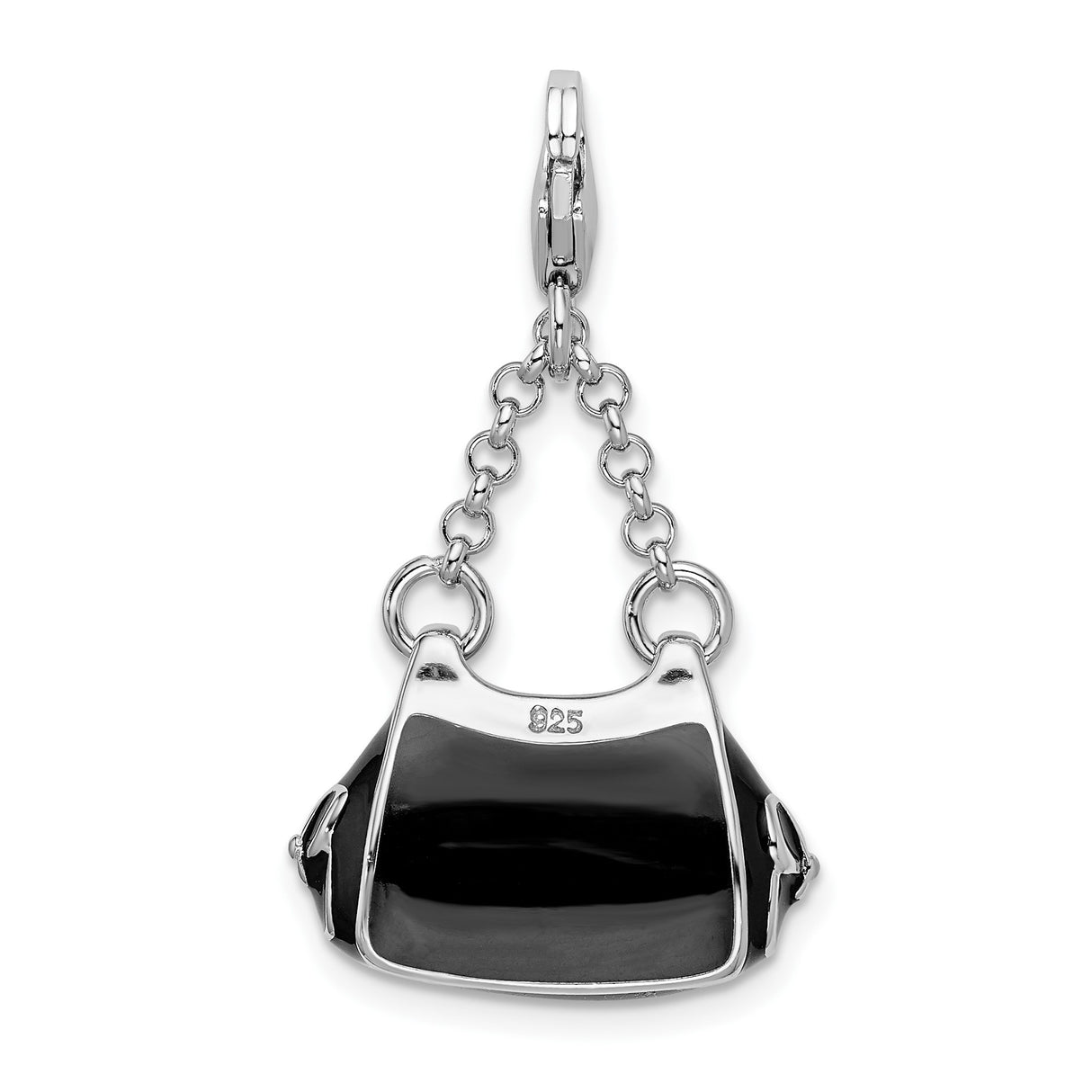 Sterling Silver Purse Charm Pendant with Black Enamel and Buckle Accents