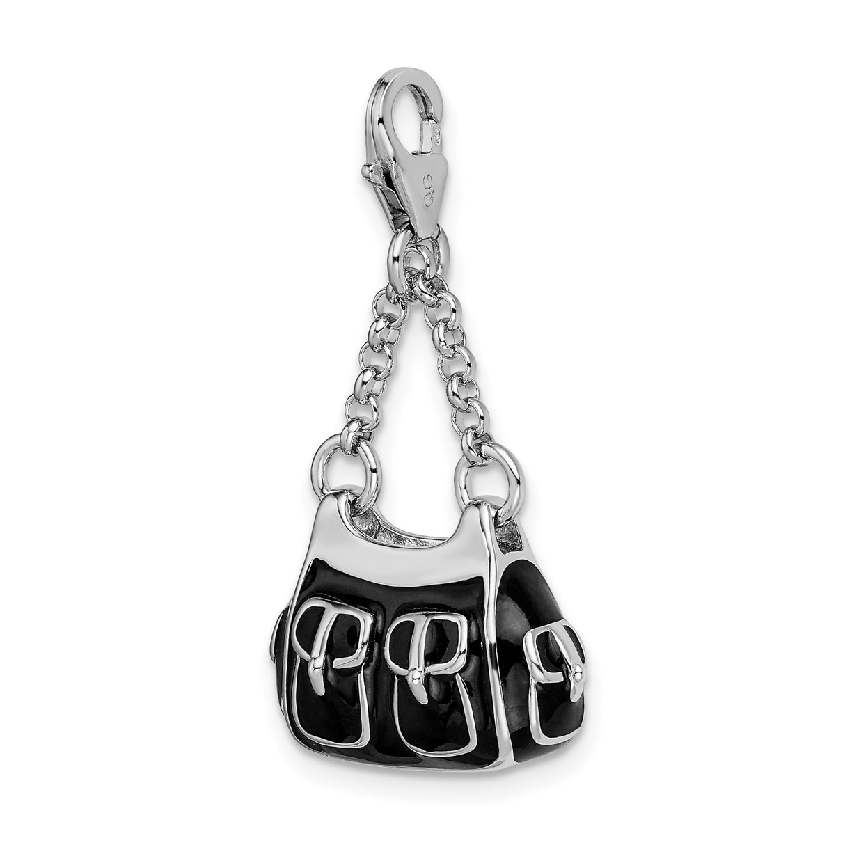 Sterling Silver Purse Charm Pendant with Black Enamel and Buckle Accents