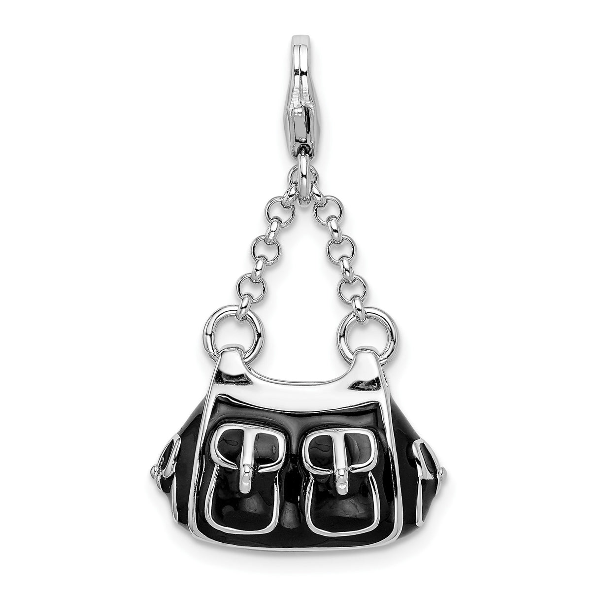 Sterling Silver Purse Charm Pendant with Black Enamel and Buckle Accents
