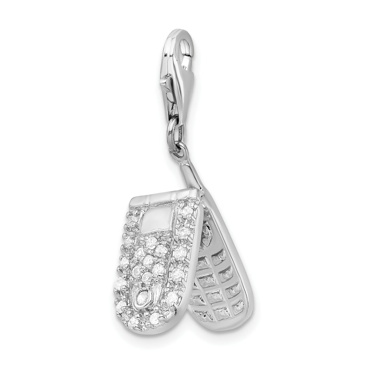 Sterling Silver Flip Phone Charm Pendant with Cubic Zirconia, Y2K Tech Style