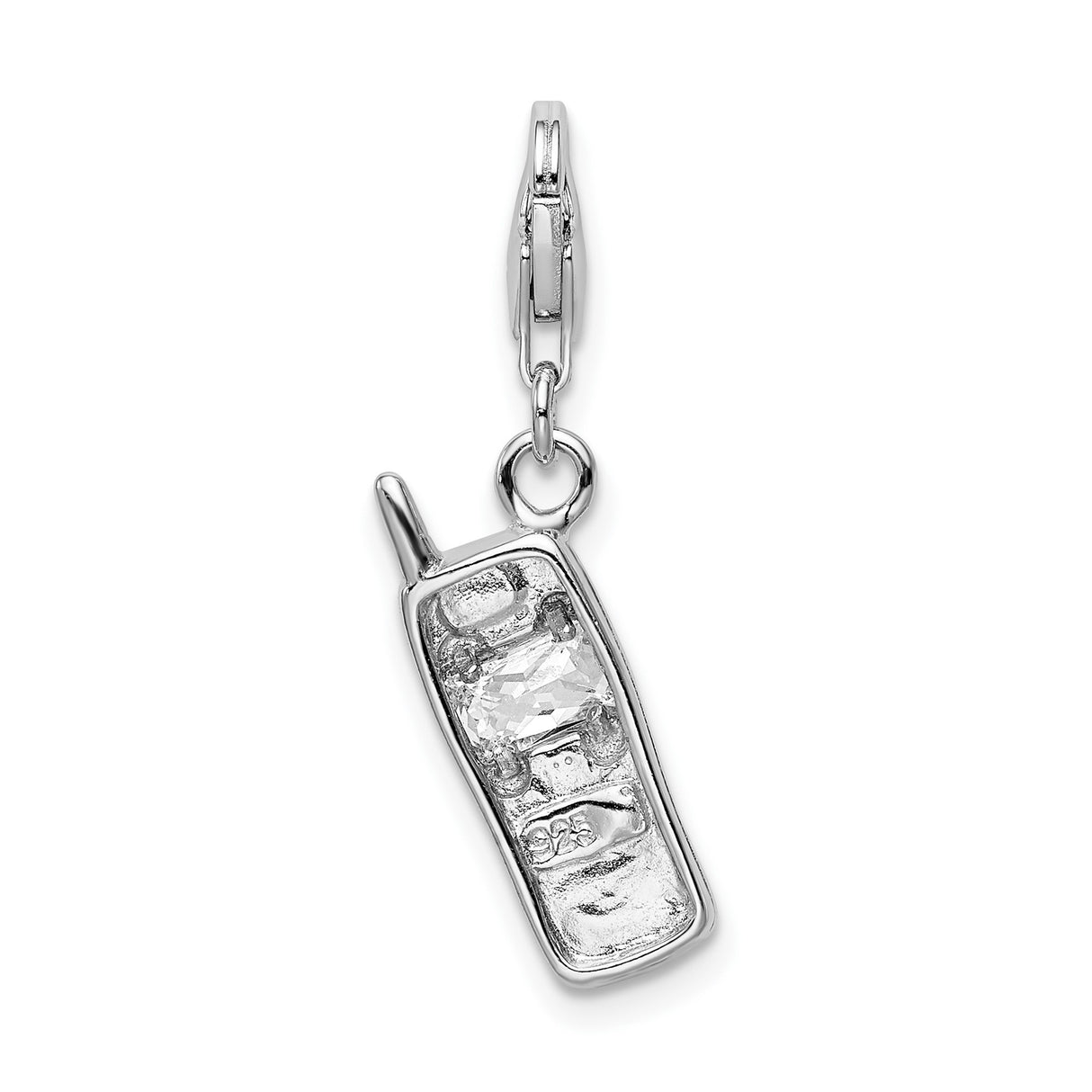 Sterling Silver Cell Phone Pendant Charm with Cubic Zirconia, Retro Tech Style