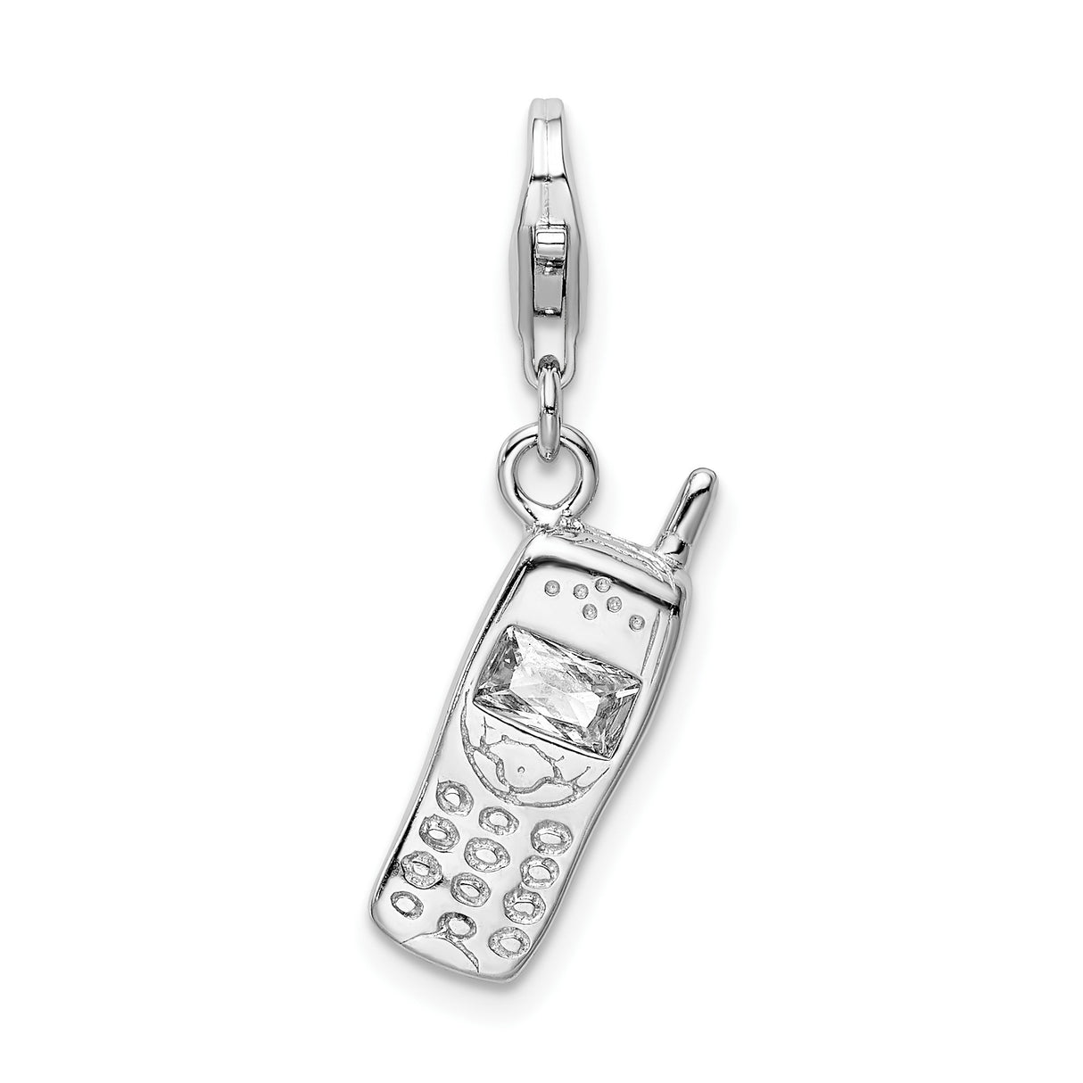 Sterling Silver Cell Phone Pendant Charm with Cubic Zirconia, Retro Tech Style