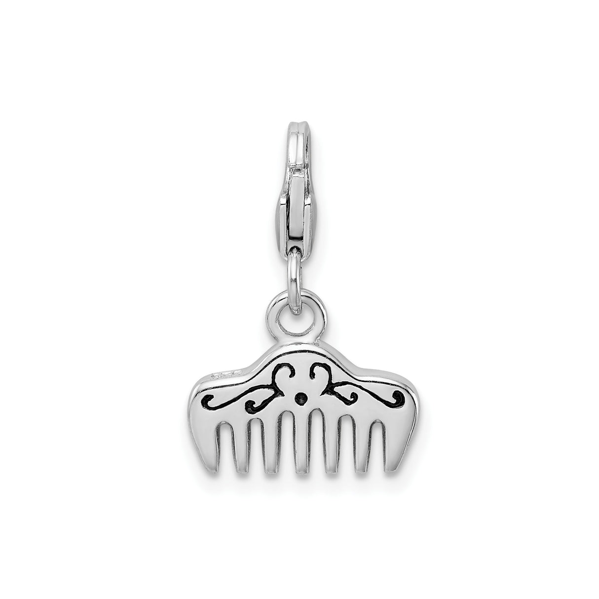 Sterling Silver Comb Charm Pendant with Crystal and Black Scroll Detailing