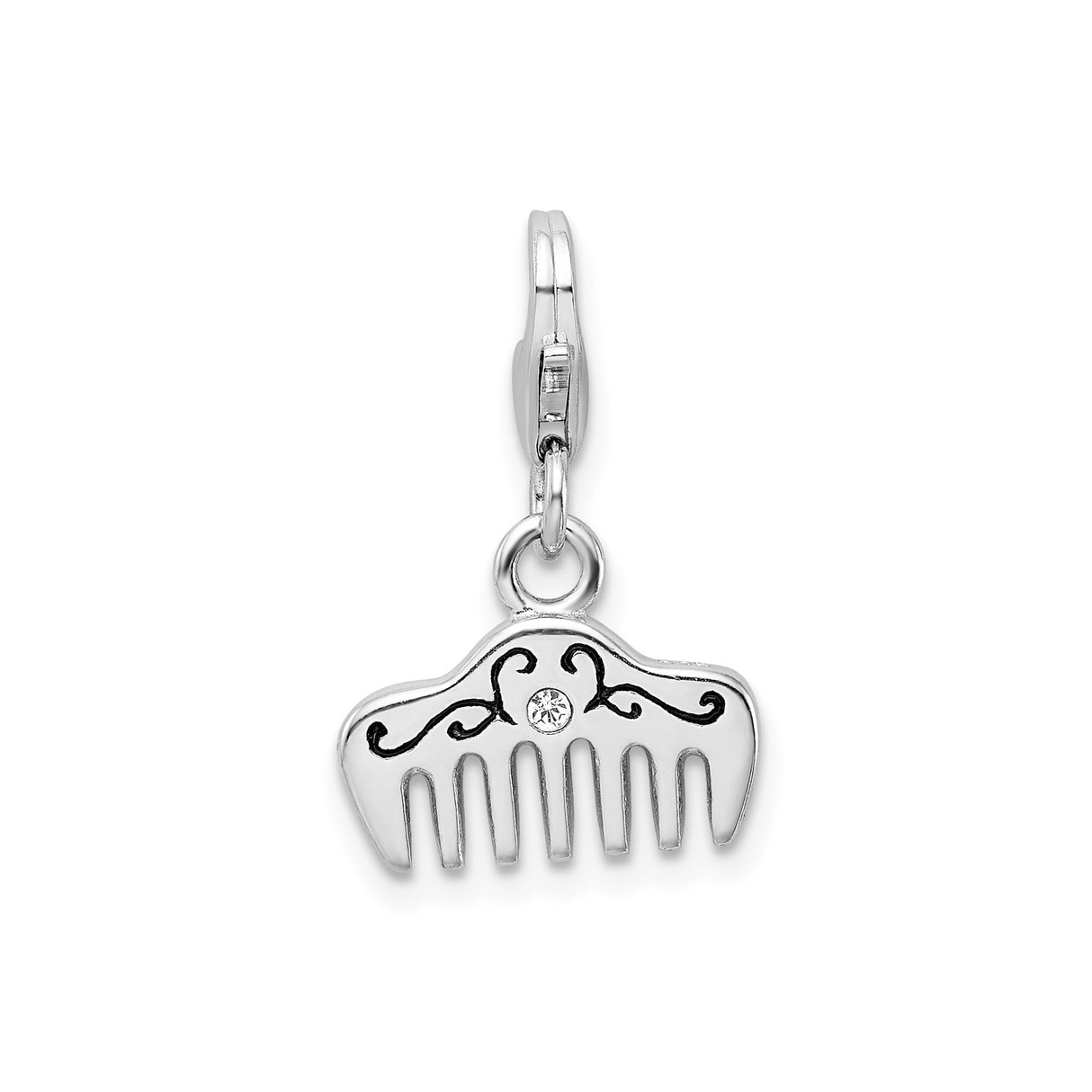 Sterling Silver Comb Charm Pendant with Crystal and Black Scroll Detailing