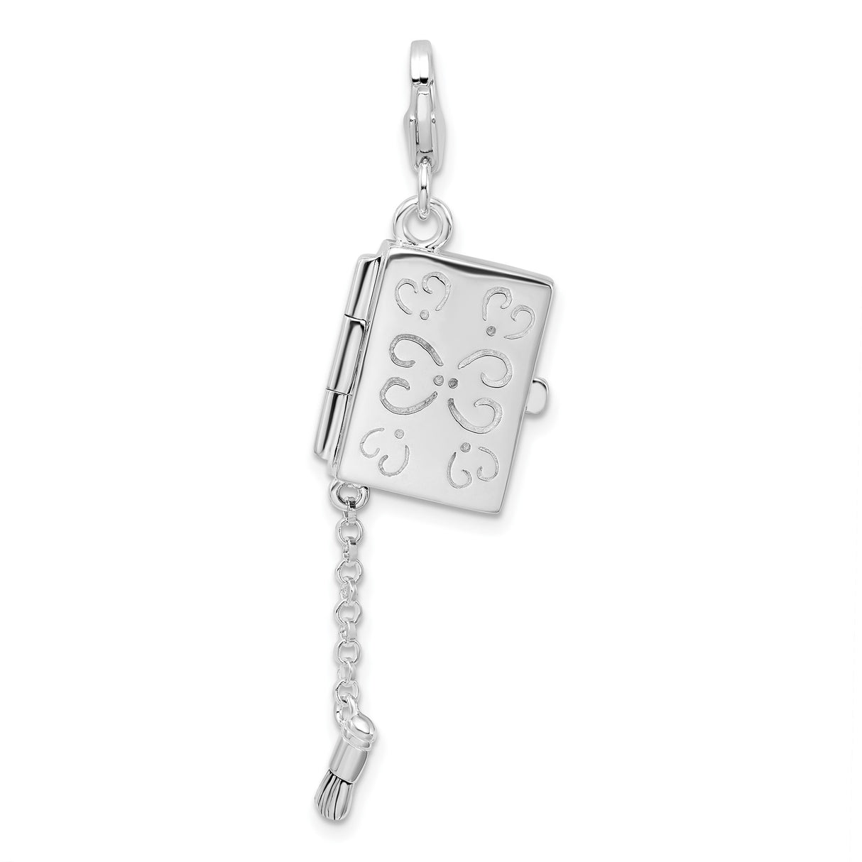 Sterling Silver Book Charm with Scroll Detailing and Movable Tassel Accent