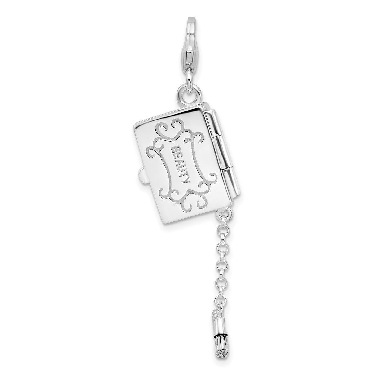 Sterling Silver Book Charm with Scroll Detailing and Movable Tassel Accent