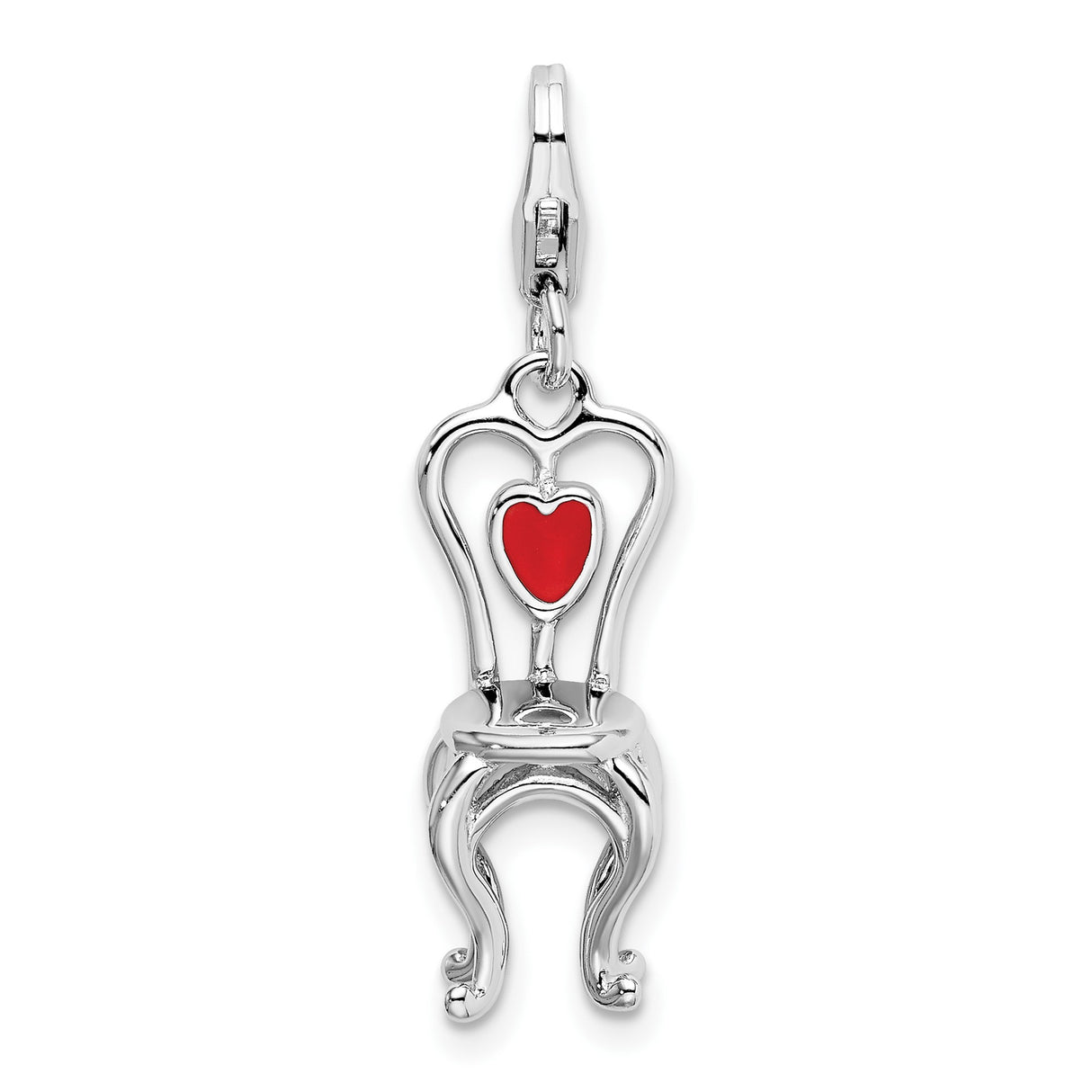 Sterling Silver Chair Pendant with Red Enamel Heart, Romantic 3D Charm for Women
