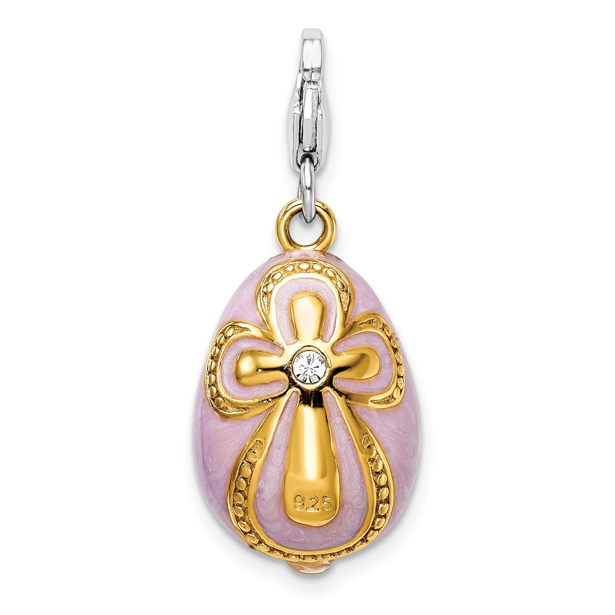 Sterling Silver Egg Shaped Pendant with Crystal, Lavender Enamel and Cross Design for Women