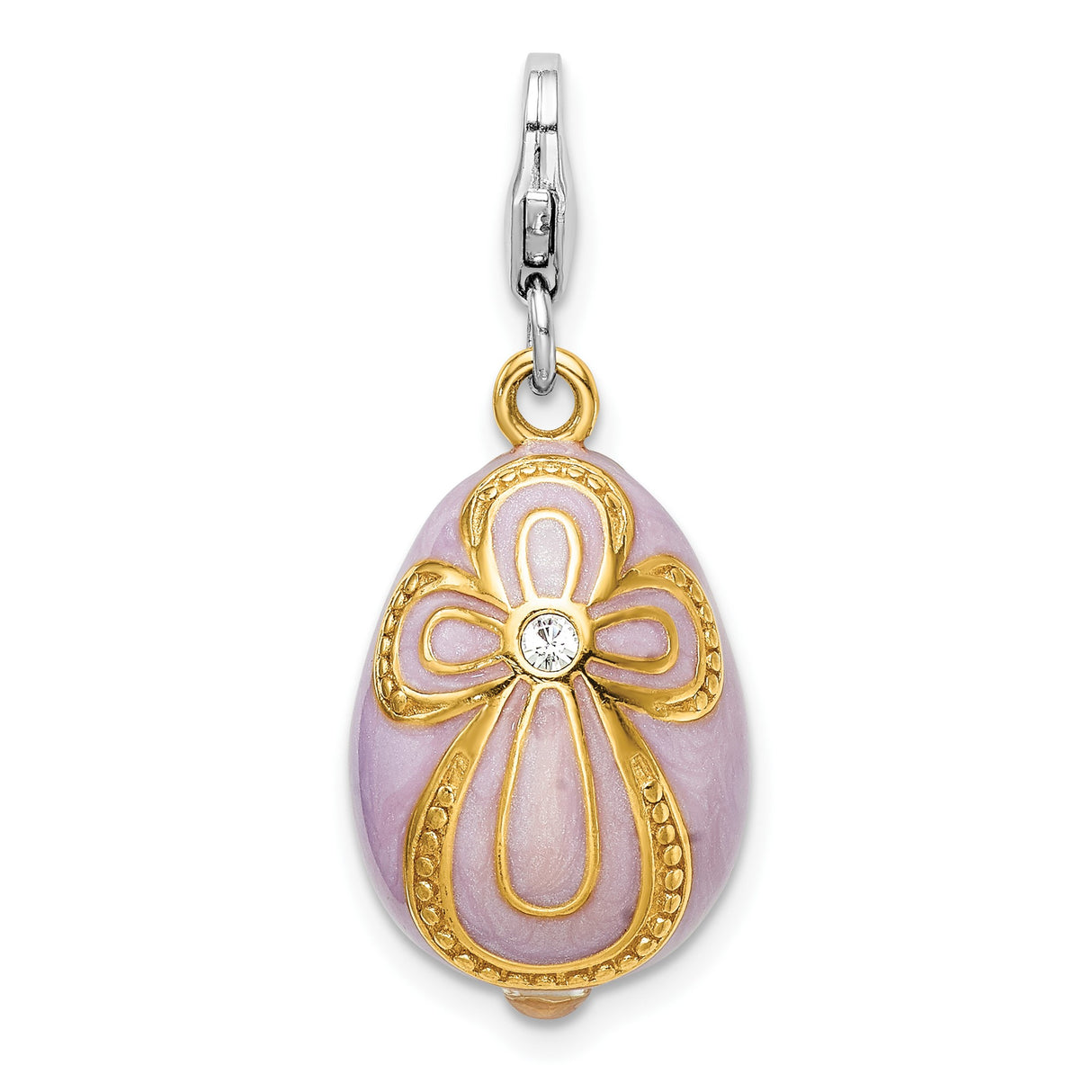 Sterling Silver Egg Shaped Pendant with Crystal, Lavender Enamel and Cross Design for Women