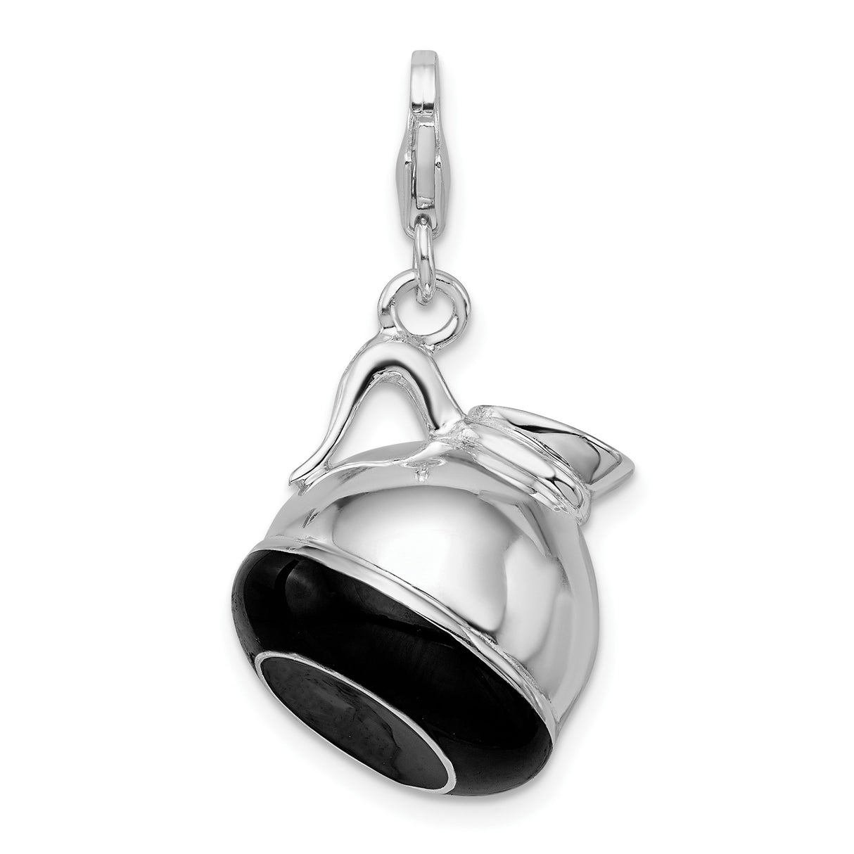 Sterling Silver Coffee Pot Pendant Charm with Black Enamel Accent, Unisex Jewelry