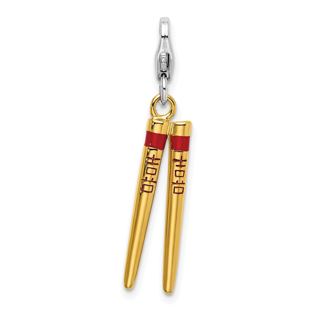 Sterling Silver Chopstick Pendant with Red Tips and Asian Text, Culinary-Inspired Charm