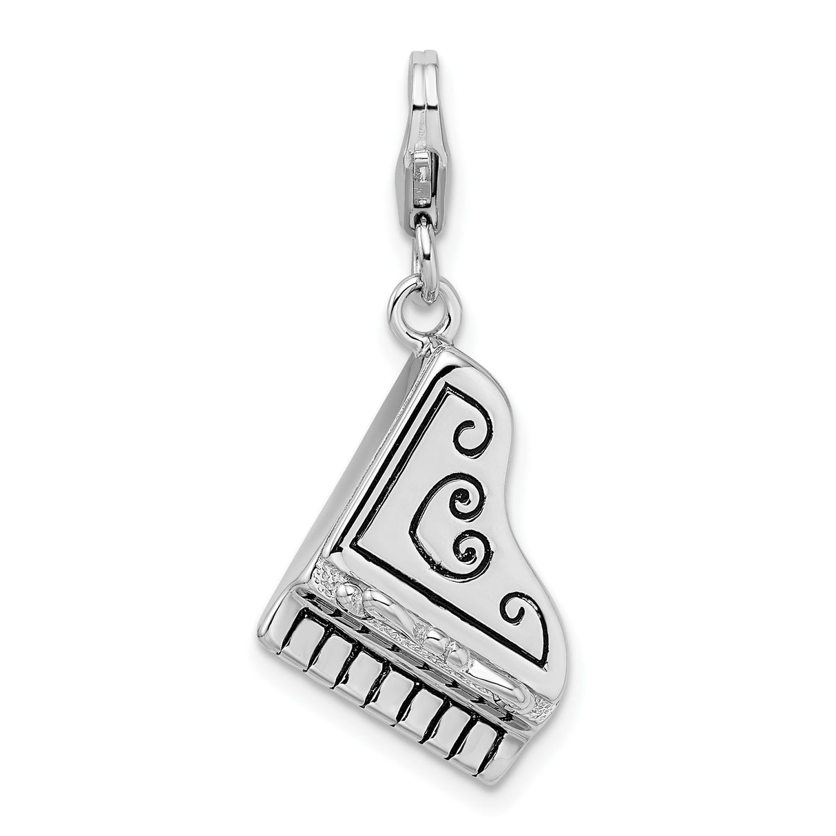 Sterling Silver Grand Piano Charm Pendant with Detailed Keys and Scrollwork Design