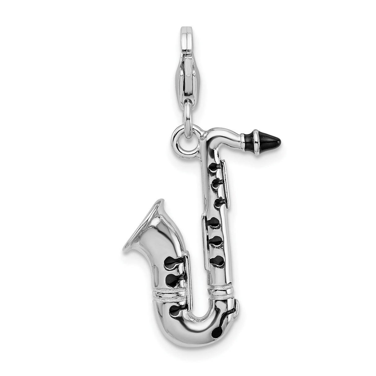 Sterling Silver Saxophone Pendant with Black Enamel, 3D Jazz Musical Instrument Charm